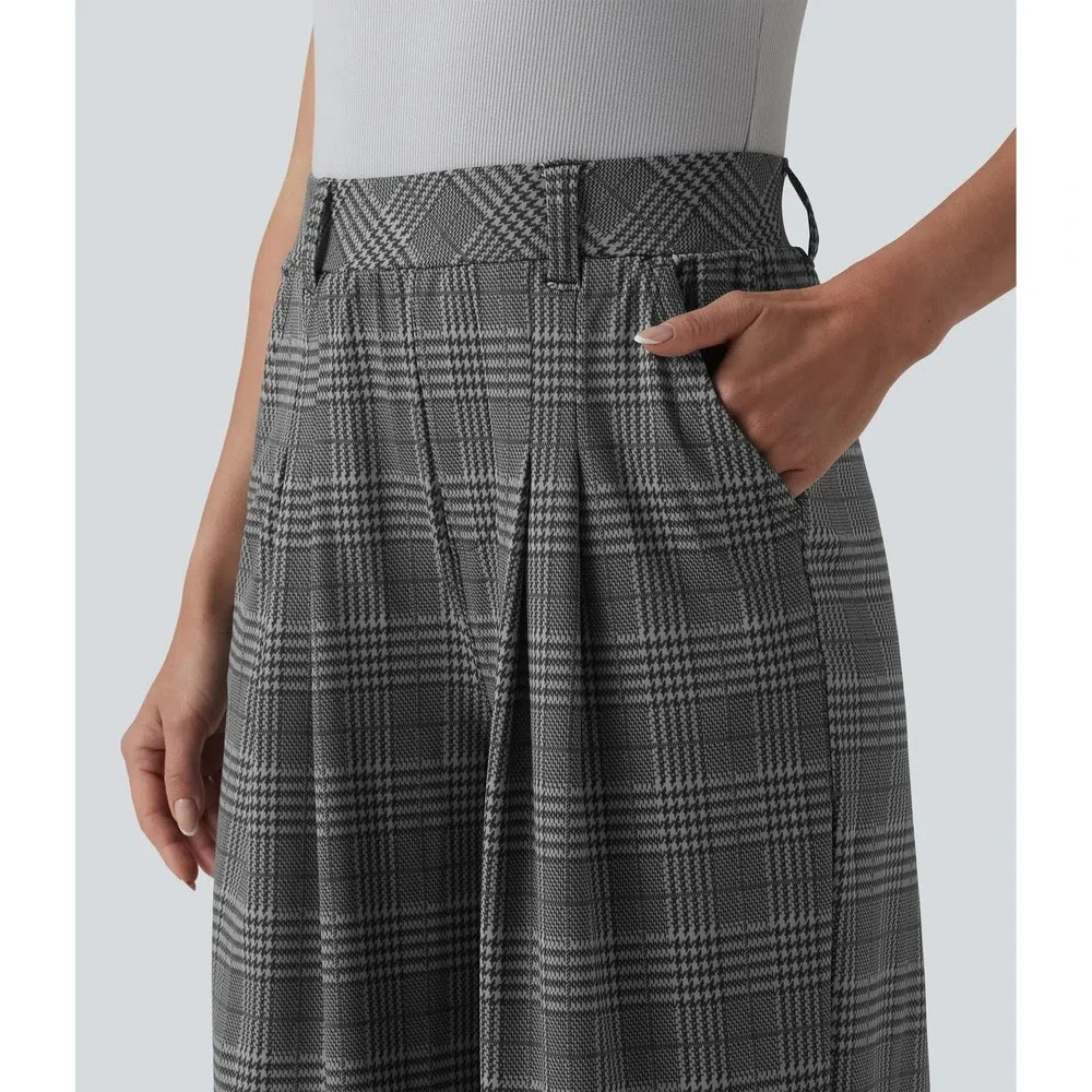 Halara Gray Plaid Wide Leg Trouser Pants High Rise Career Chic S